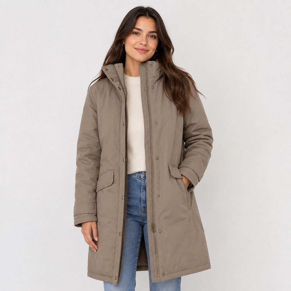 Lands End Down Coat Women XL 18 Taupe Long Winter Parka 80% Down No Hood